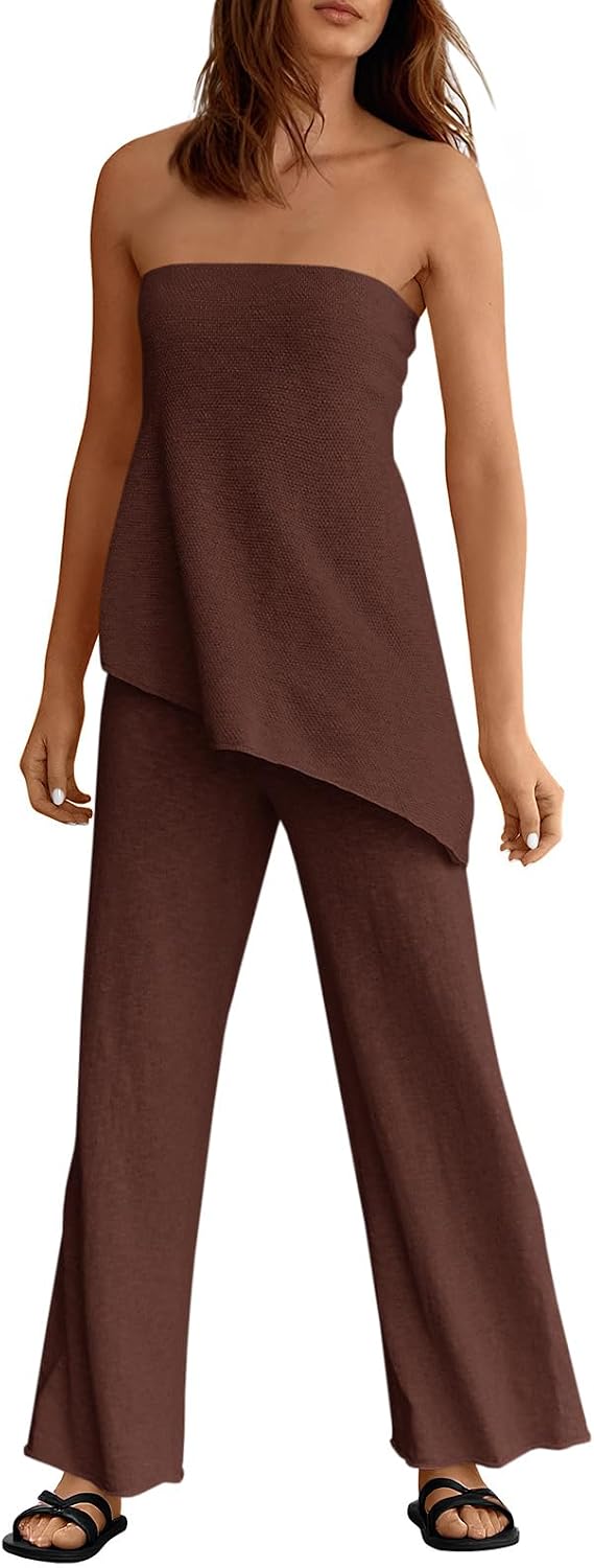 Tankaneo Womens 2 Piece Outfits Asymmetrical Tube Top Wide Leg Pants Knit Vacation Travel 2026 Matching Lounge Sets