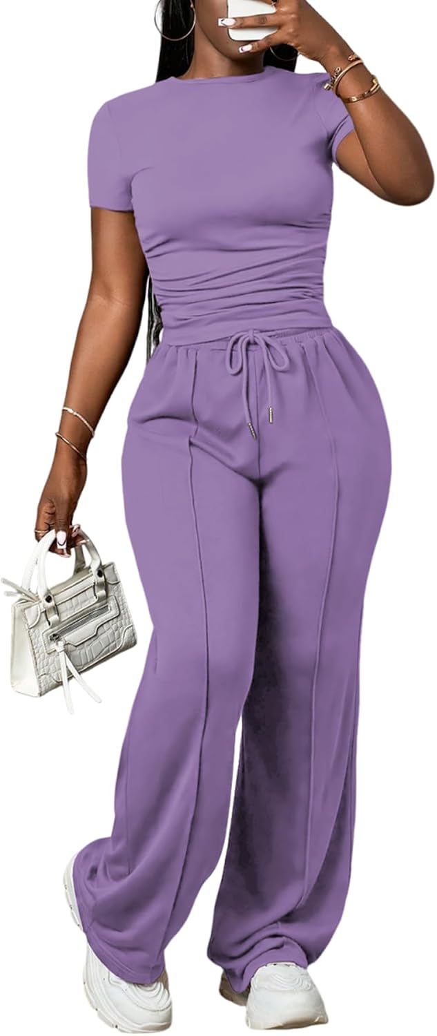 PINSV Women’s 2 Piece Outfits Lounge Sets Ruched Short Sleeve Tops and Wide Leg Pants Tracksuit