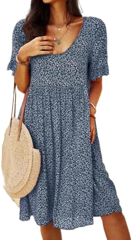 DMOYALA Ditsy Floral Dress for Women Casual Short Sleeve Scoop Neck Mini Dress Baggy Flowy Summer Beach Sundresses