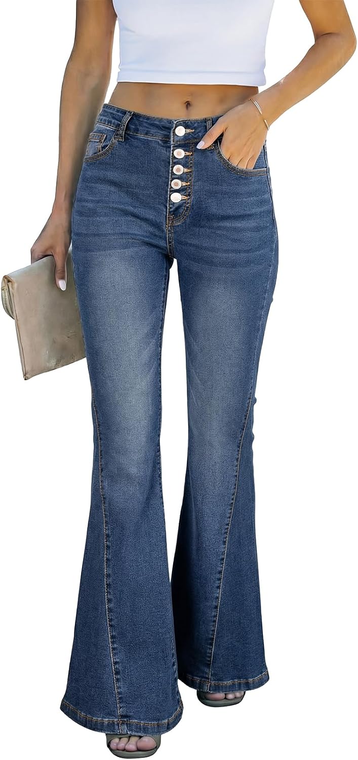 Sidefeel Flare Jeans for Women High Waisted Stretchy Bell Bottoms Wide Leg Side Seam Denim Pants