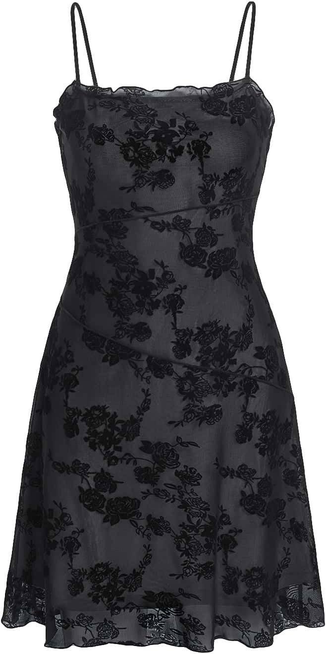 Verdusa Women’s Mini Dress Floral Spaghetti Strap Mesh Short Dresses Going Out Sundress Y2k Gothic Clothes