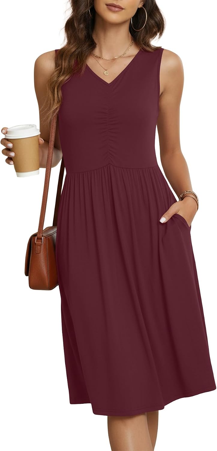 NILOUFO Sleeveless Dress for Women Summer Knee Length Sundress with Pockets | Sundresses for Women Tank Empire Waist Sun Dress Cold Shoulder Casual V Neck Midi Dress Flowy Summer Dresses for Women