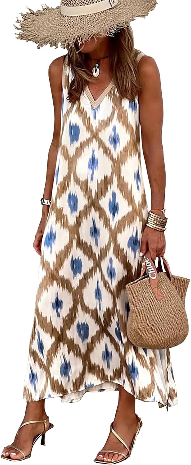 miduo Womens Casual Summer V Neck Sleeveless Floral Printed Beach Split Maxi Dress Sundress
