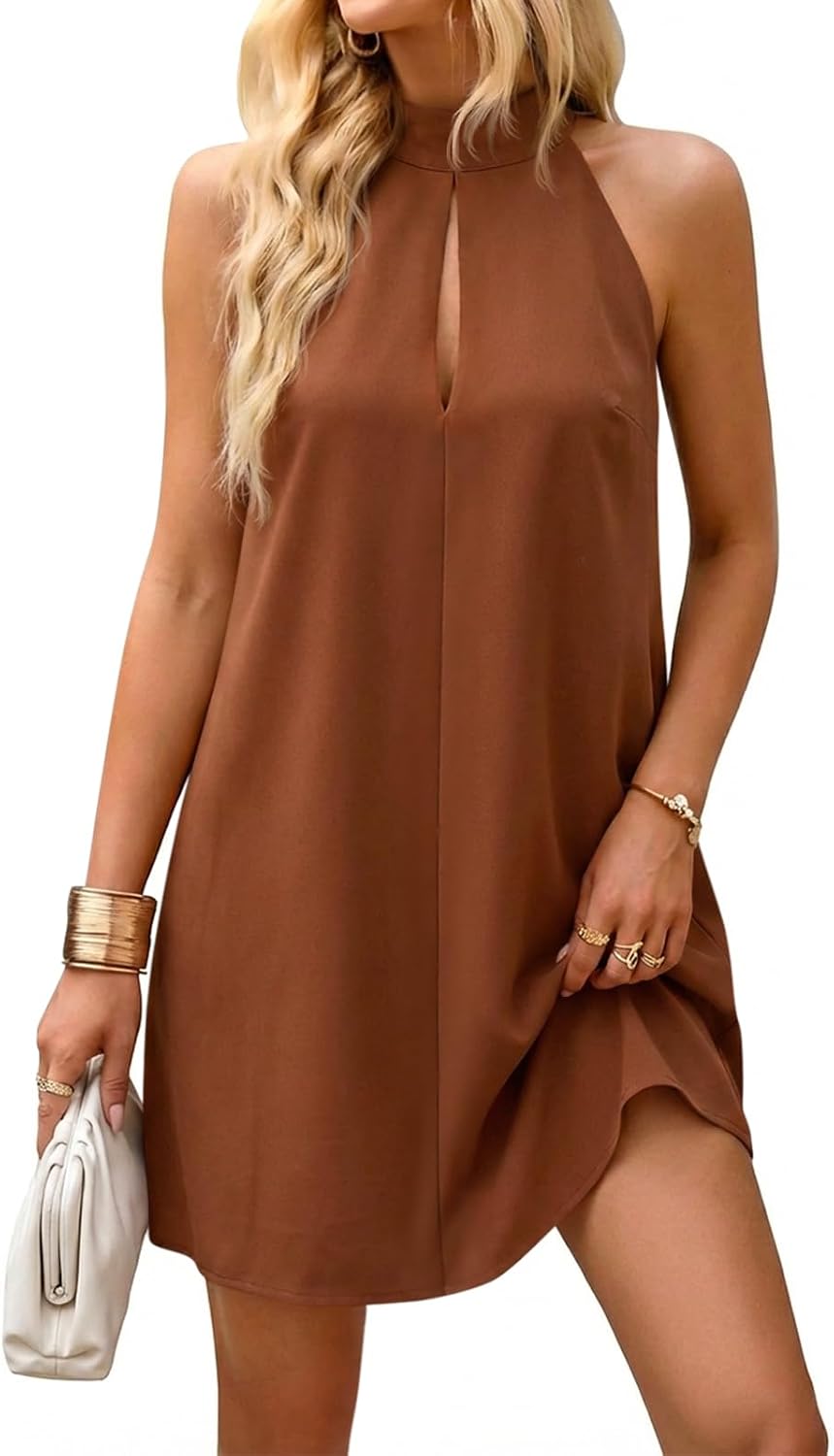 Wenrine Womens Halter Dress Summer Mini Cutout Sleeveless Loose Going Out Club Party Dresses with Pockets