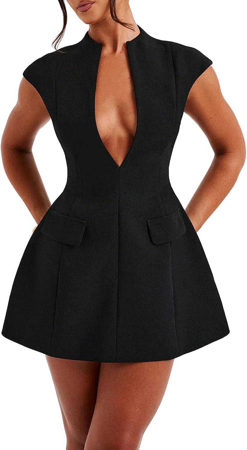 LuFeng Women’s Summer Sexy Cap Sleeve Deep V Neck Zipper A-line Mini Dress Hollow Bodycon Night Out Party Dress