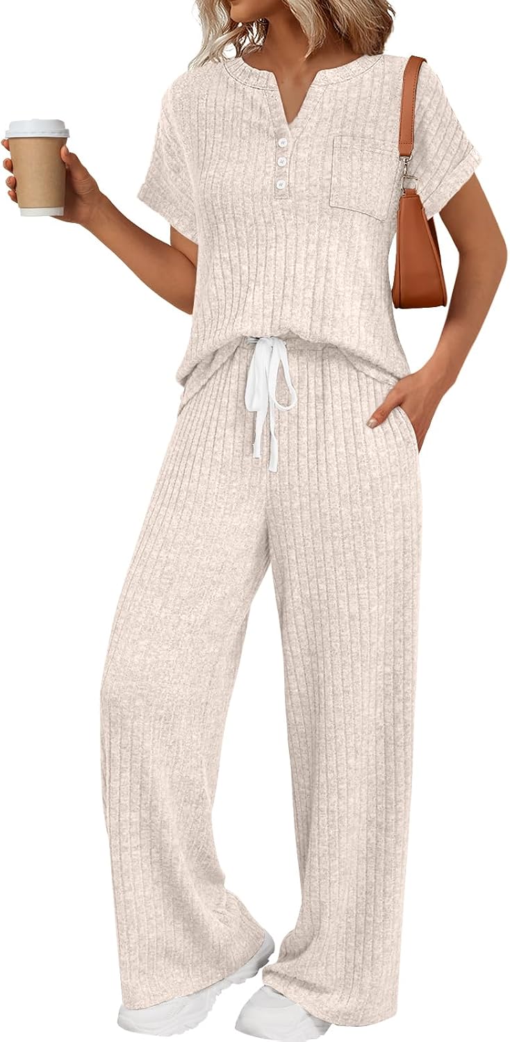 LILLUSORY Women’s 2 Piece Matching Lounge Sets Summer Henley Neck Wide Leg Pants Casual Sweat Suit