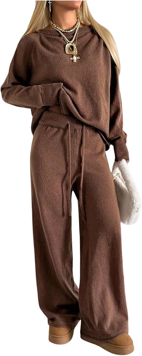 SOLY HUX Women’s 2 Piece Knit Outfits Sweater Set Long Sleeve Pullover Tops and Wide Leg Pants Fall Clothes