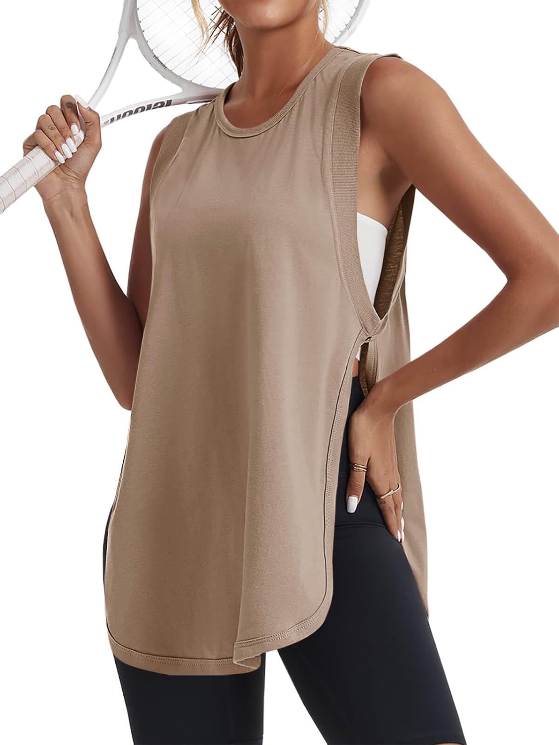 Tankaneo Womens Side Slit Workout Tank Tops Cotton Sleeveless T Shirts Oversized Summer Casual Yoga Gym Tees