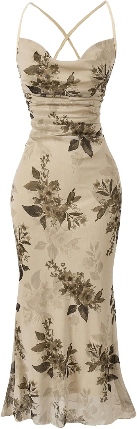 SOLY HUX Women’s Floral Mesh Bodycon Cami Dress Cowl Neck Sleeveless Cocktail Party Wedding Guest Long Maxi Dresses