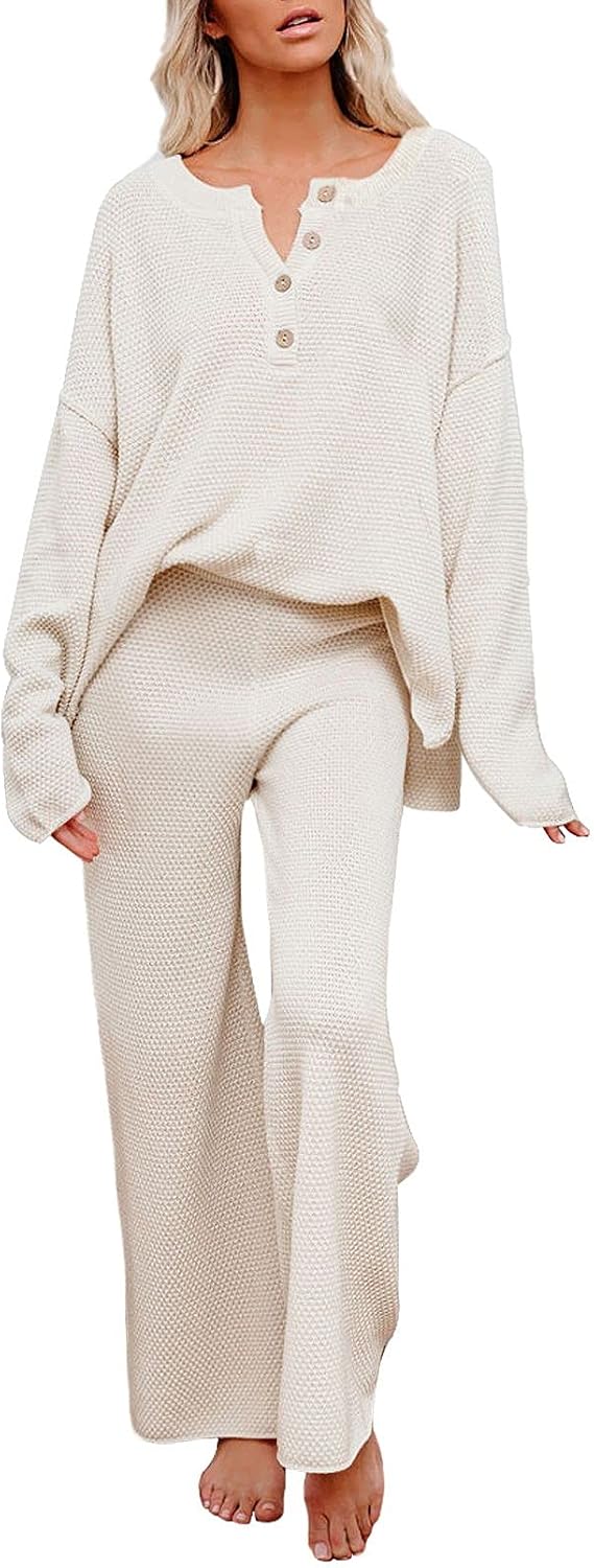 Pink Queen Women’s 2 Piece Fall Outfit Lounge Set Long Sleeve Button Pullover Sweater Matching Wide Leg Pants Knit Sweatsuit