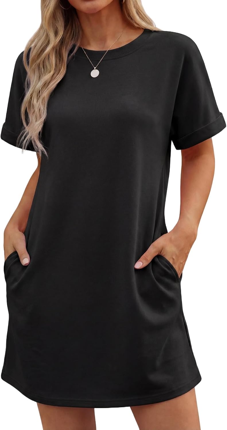 GRECERELLE Women’s Casual T-Shirt Dress with Pockets Short Sleeve Shift Dresses Wrinkle-Resistant Above Knee Length