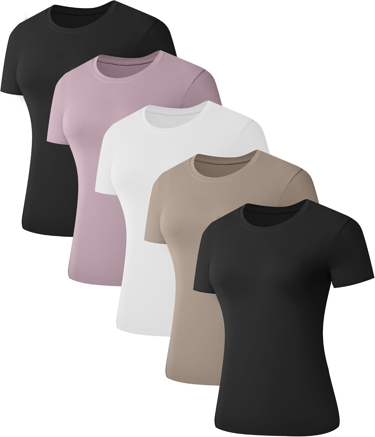 Kinglaman 5 Pack Women’s Short Sleeve Basic T Shirts Tees, Slim Fit Crew Neck Tshirt Summer Tops for Casual Workout Trendy