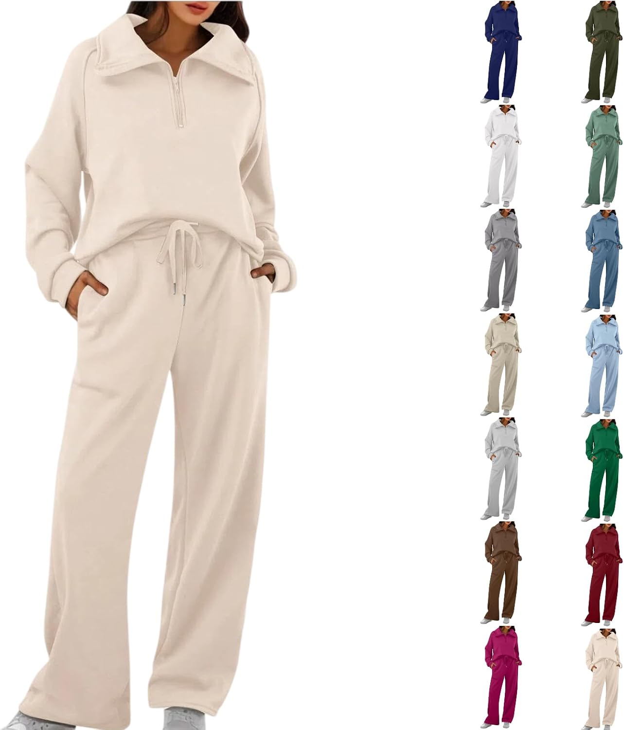 Sweatsuits Women 2 Piece Outfit Tracksuit Sets Casual Lapel Half Zip Sweatshirts Hoodies And Wide Leg Pants