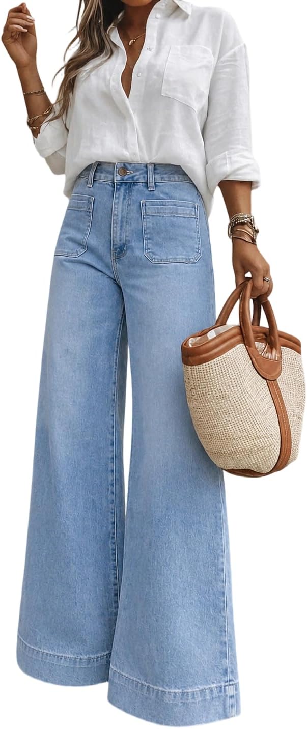 Women’s High Waisted Wide Leg Jeans with Retro Patch Pockets Stretchy 70s Vintage Loose Denim Pants for Summer Vacation