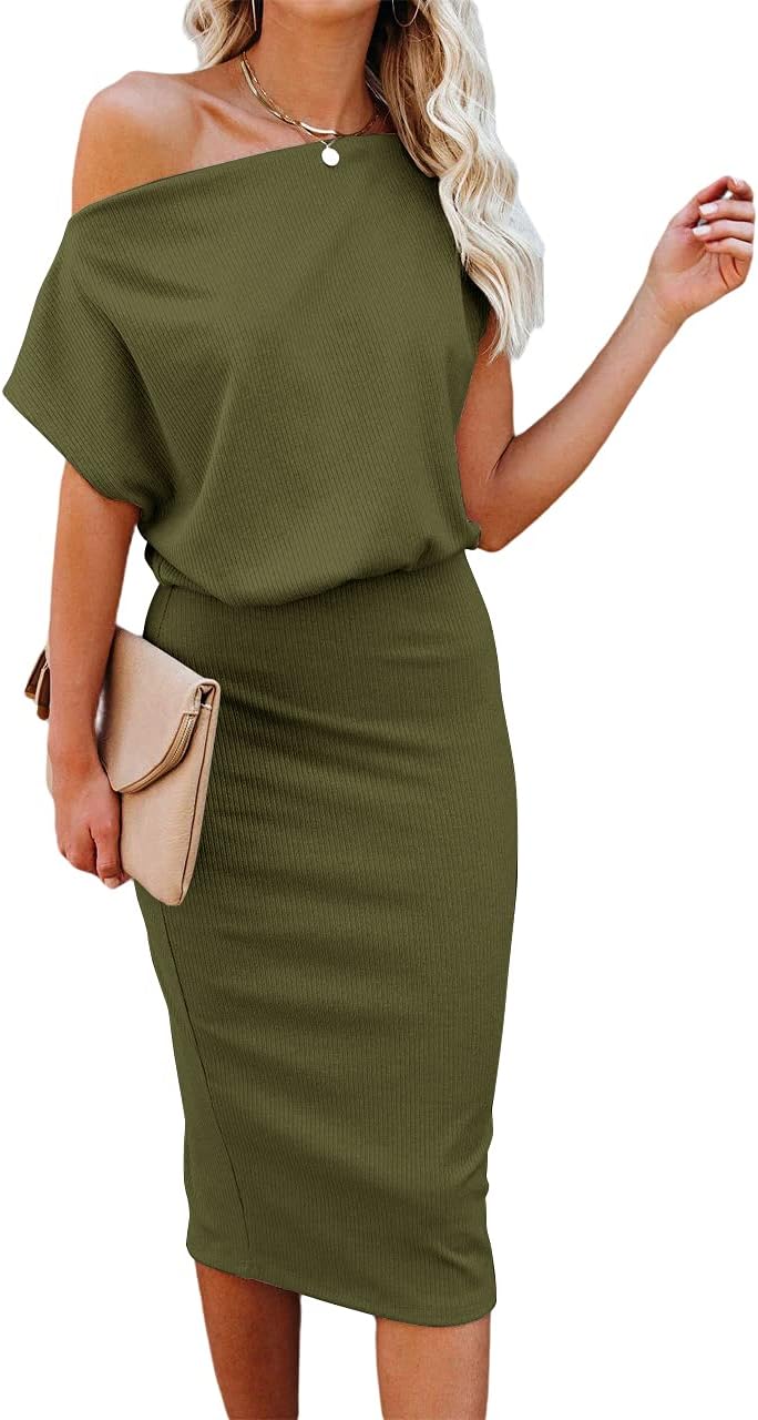 EZBELLE Women’s Summer Dress Off The Shoulder Short Sleeve Ribbed Casual Party Bodycon Midi Dresses