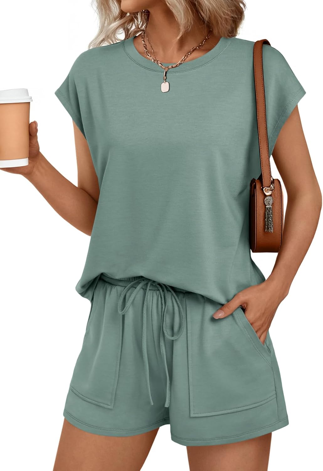 AUTOMET Womens Crew Neck Two Piece Short Sets Cap Sleeve Drawstring Summer Sweatsuit with Pocket