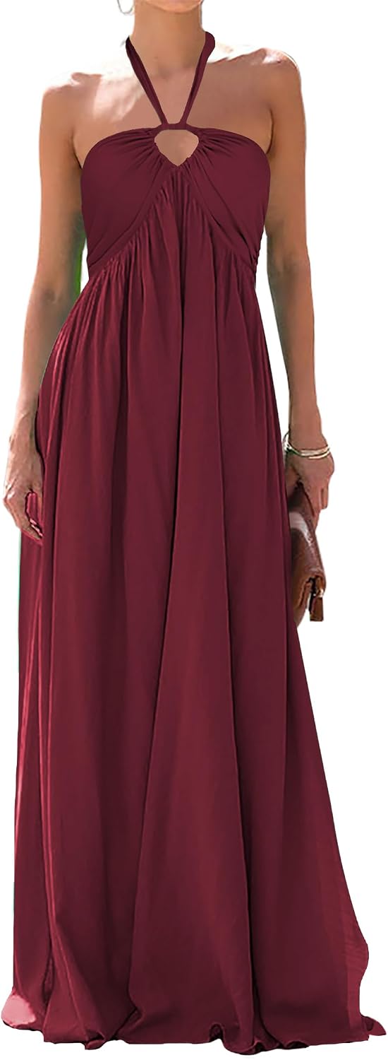 Maxi Dresses for Women Sexy Halter V Neck Backless Smocked High Waisted A Line Beach Vacation Sundress