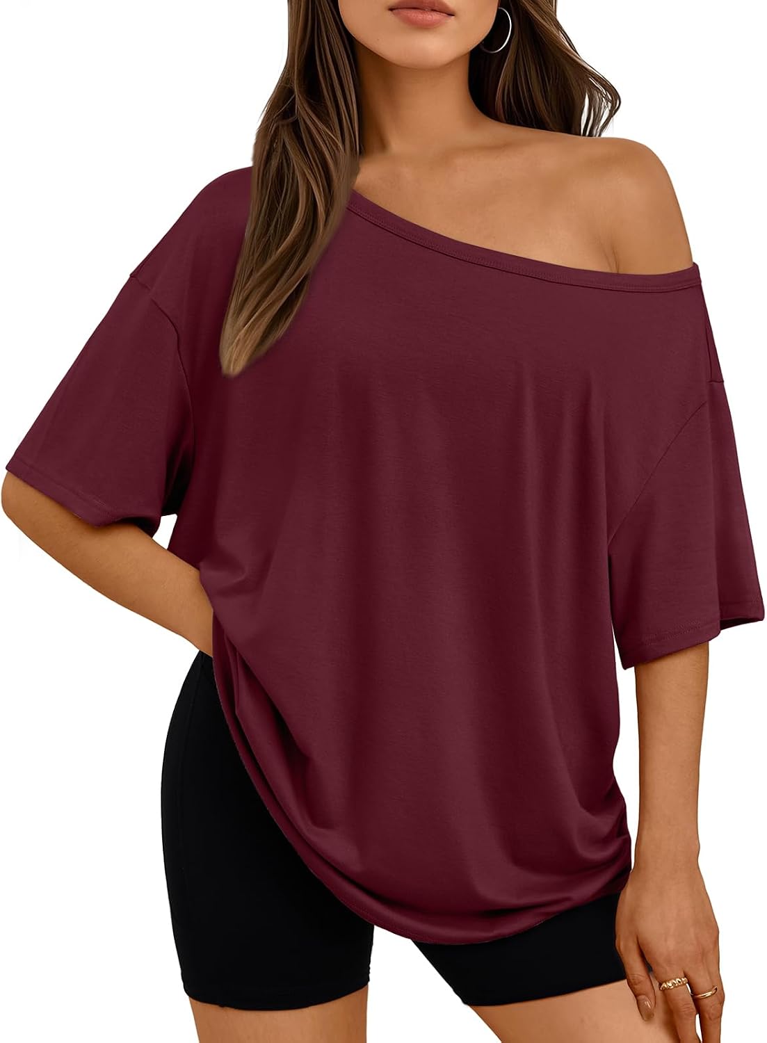 LILLUSORY Off The Shoulder Tops Oversized Tshirts Short Sleeve Basic Tee 2026 Casual Summer Fashion Clothes