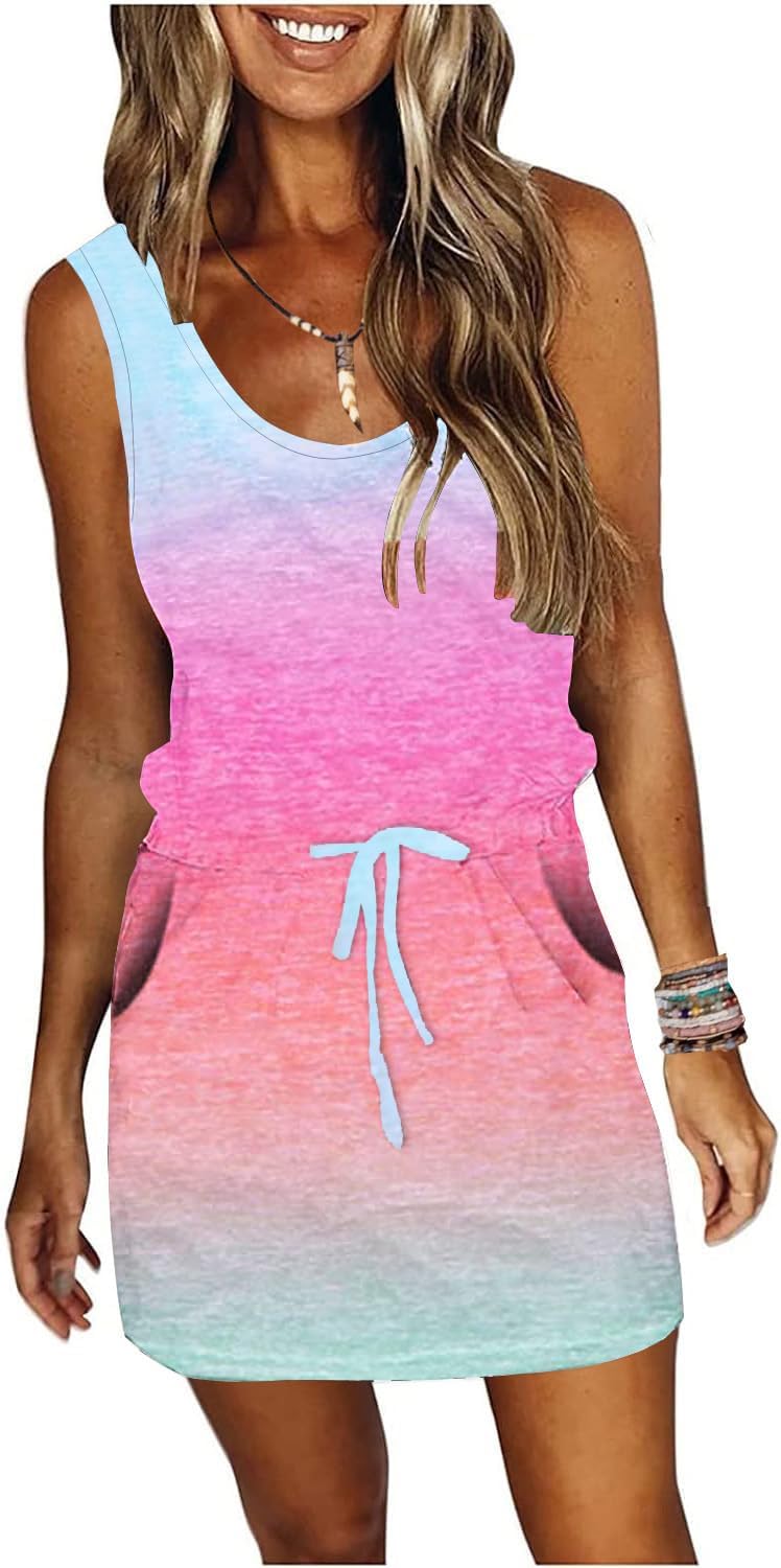 Womens Summer Striped Dresses T Shirt Sundress Drawstring Waist with Pocket