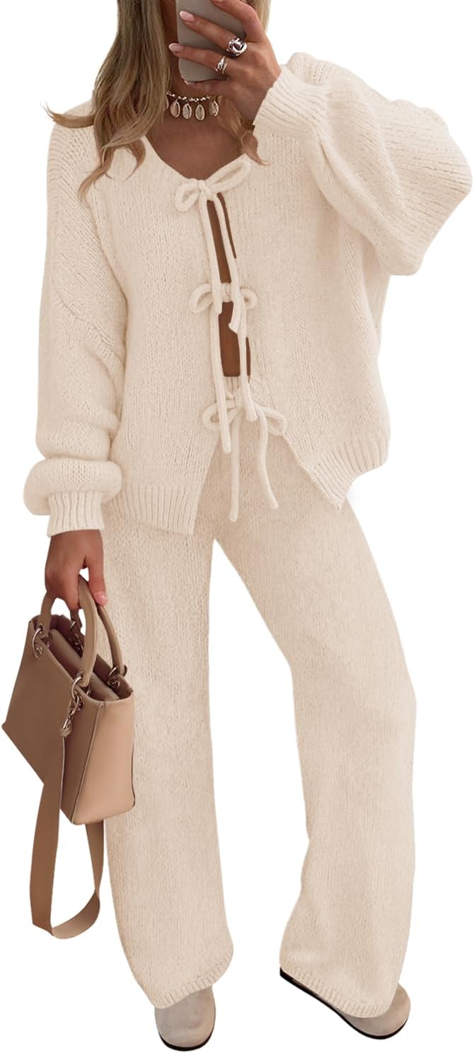 ZESICA Women’s 2 Piece Outfits Lounge Pajama Sets 2026 Fall Long Sleeve Cardigans Wide Leg Pants Matching Winter Clothes