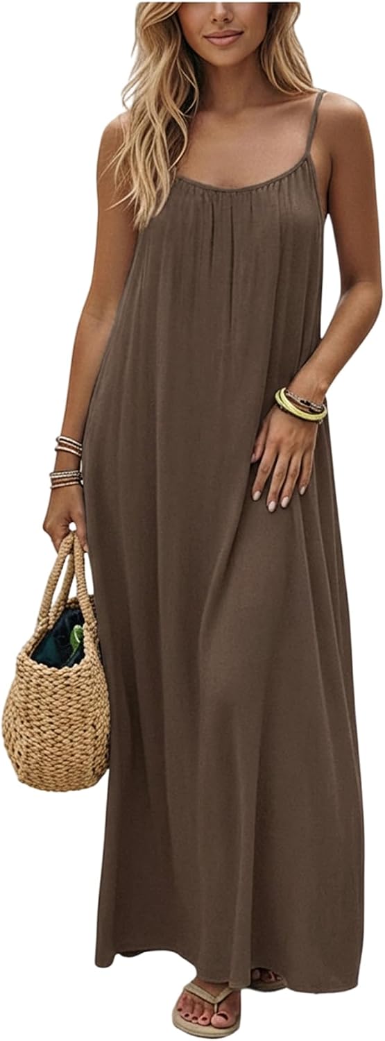 SHENHE Women’s Open Back Spaghetti Strap Beach Maxi Dress Loose Flowy Vacation Sundress