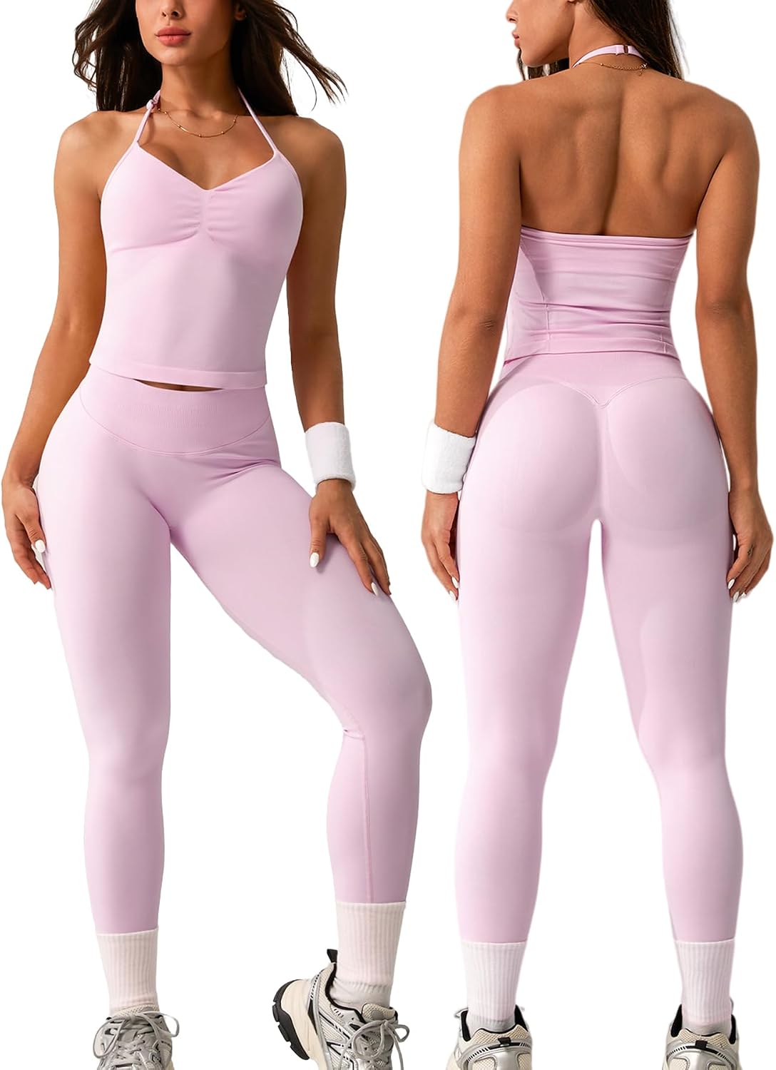 2 Piece Ribbed Seamless Workout Sets for Women No Front Seam High Waisted Yoga Leggings & Adjustable Halter Bra Gym Yoga Set