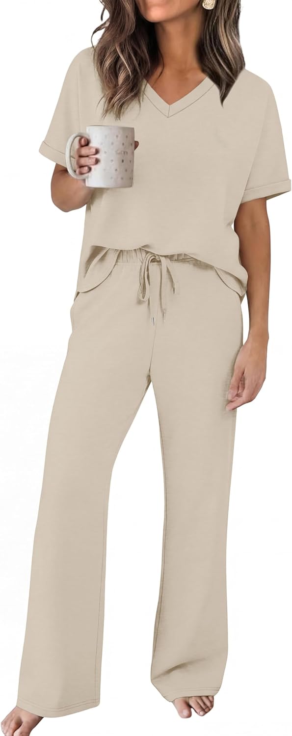 Sampeel Lounge Sets for Women V Neck Turn-UP Sleeves Tops Wide Leg Pants 2 Piece Sets Oversized Summer Vacation Outfits 2026