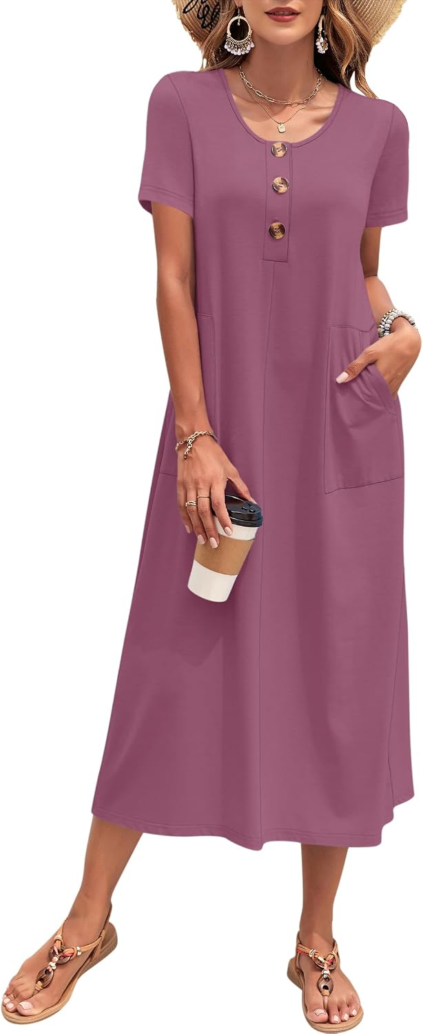MOLERANI Women’s Summer Long Midi Dress 2026 Casual Loose Button Front Short Sleeve Beach Vacation Sundress with Pockets