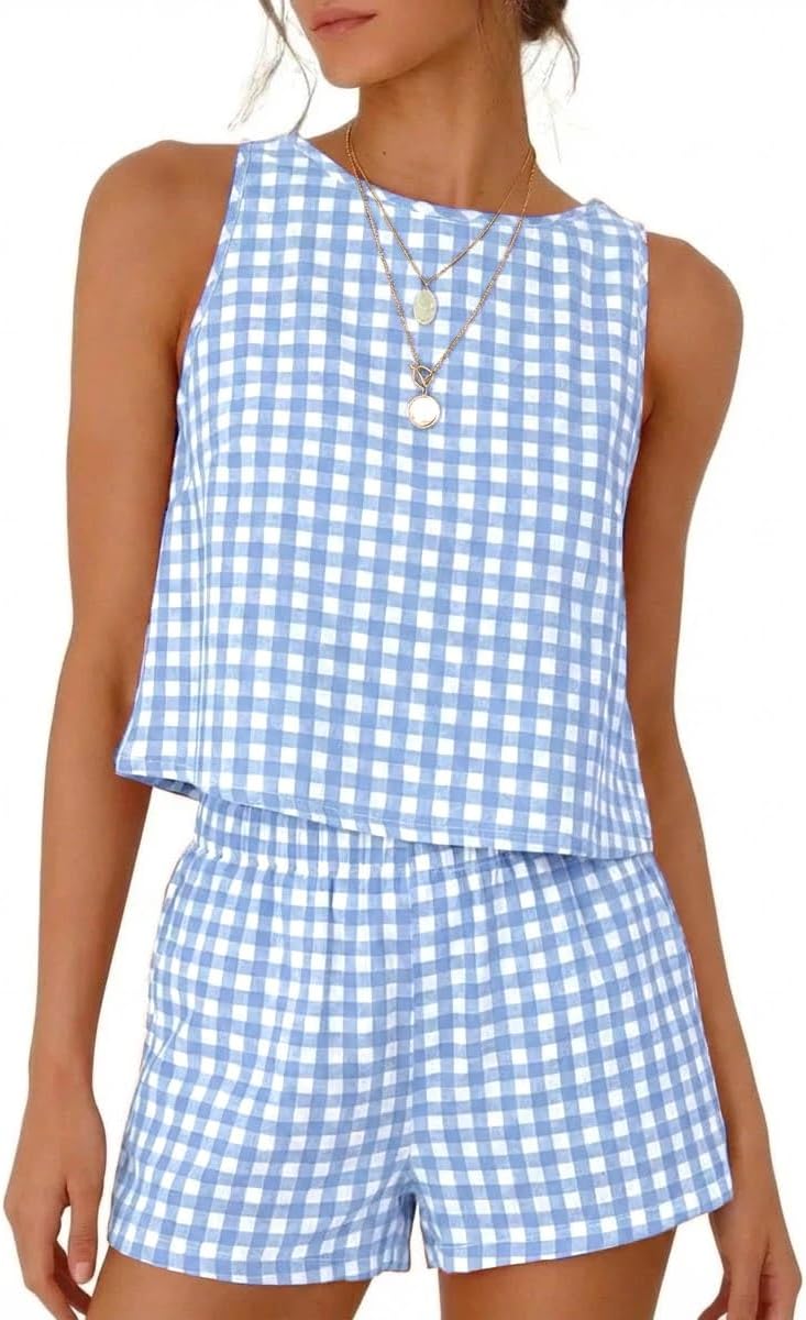 IDEALSANXUN Womens Two Piece Sets Summer Beach Spring Gingham Tank Tops and Plaid Shorts Pajama Sets