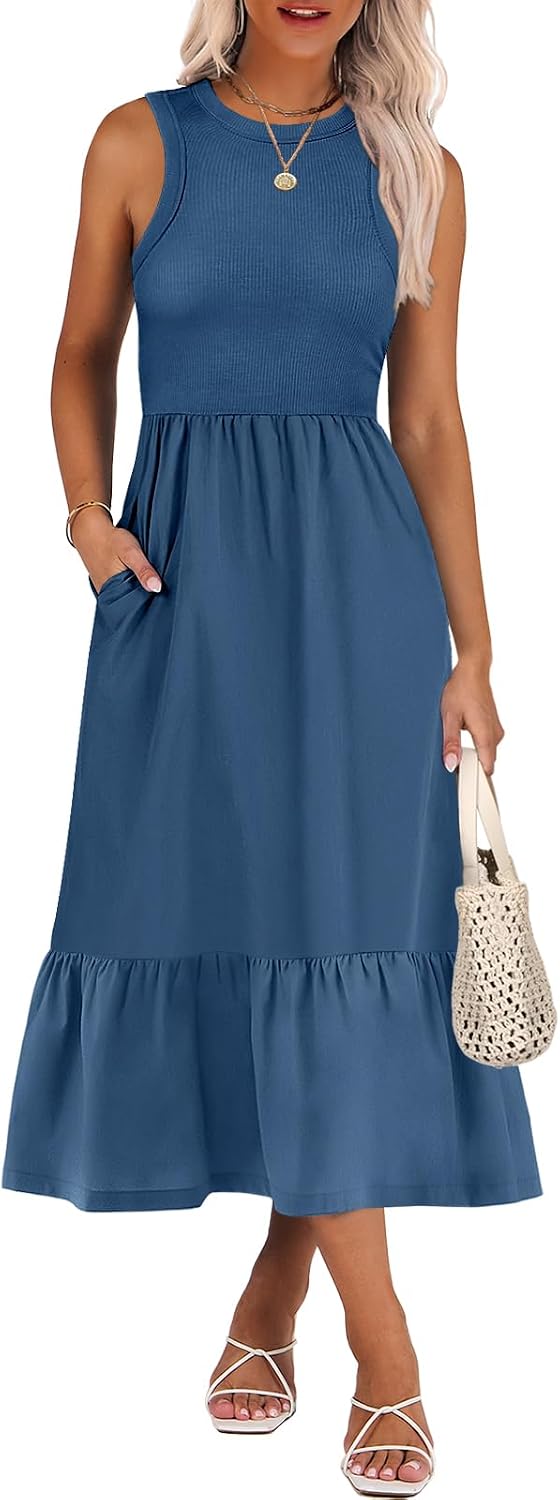 ANRABESS Women Midi Dresses 2026 Summer Casual Sleeveless Sundress High Neck Tank Top Racerback Flowy Beach Dress ＆ Pockets
