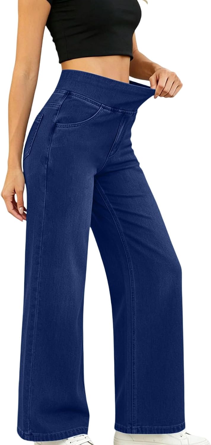 Women’s Summer High Waisted Stretch Loose Fit Wide Leg Jeans Elastic Waist Denim Pants Straight Leg Trousers