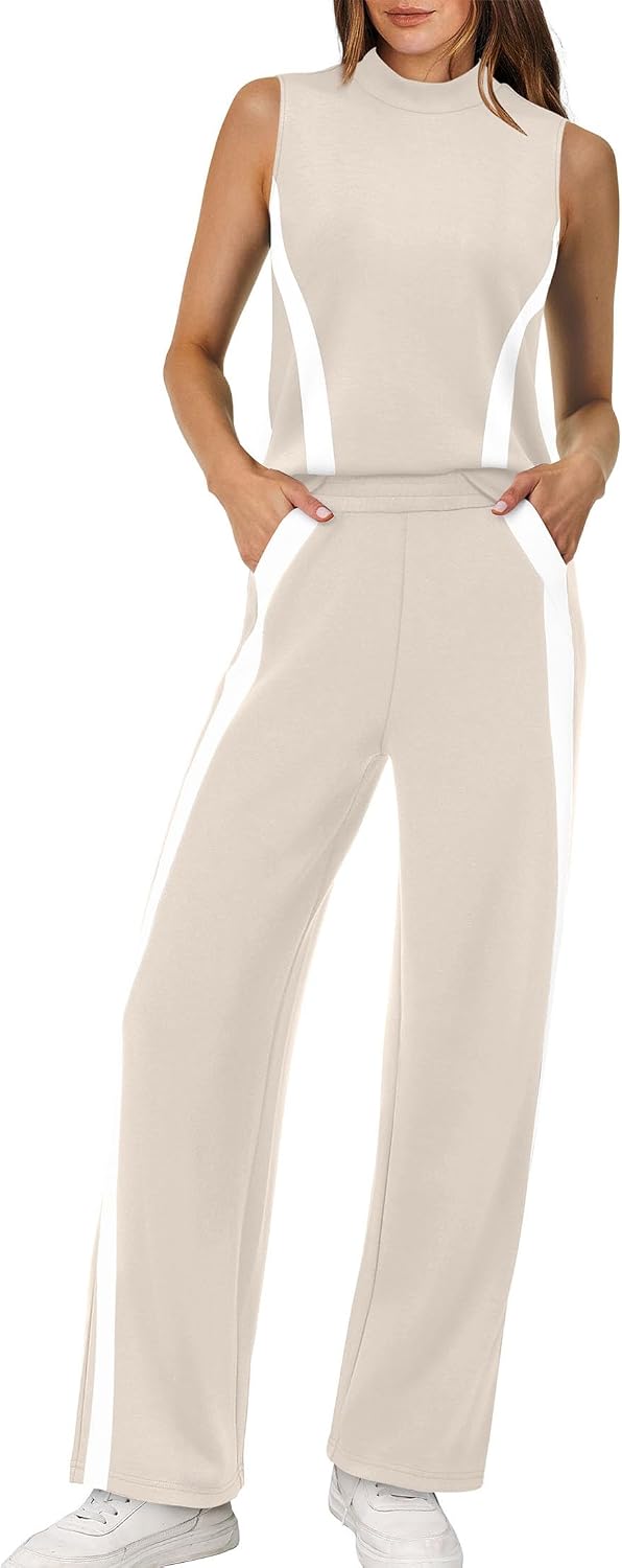 XIEERDUO Two Piece Sets for Women Summer Outfits Travel Mock Neck Lounge Sets Wide Leg Pants Beach Vacation Clothes
