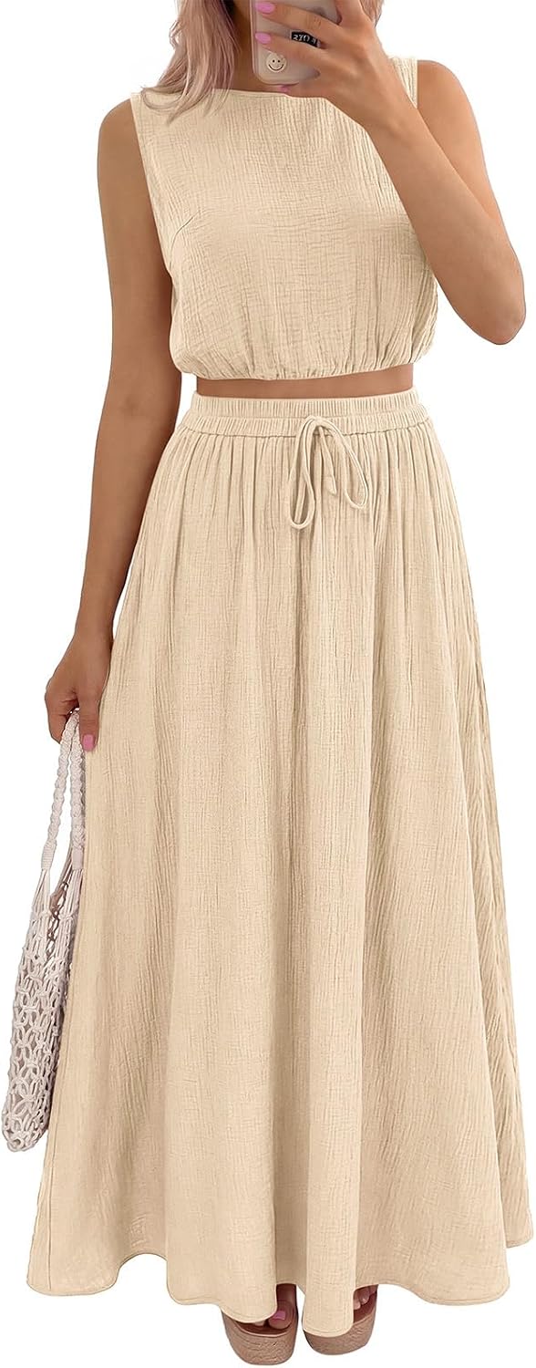 PRETTYGARDEN 2 Piece Sets for Women Summer Outfits 2026 Fashion Cotton Sleeveless Crop Top Long Maxi Skirt Set with Pockets