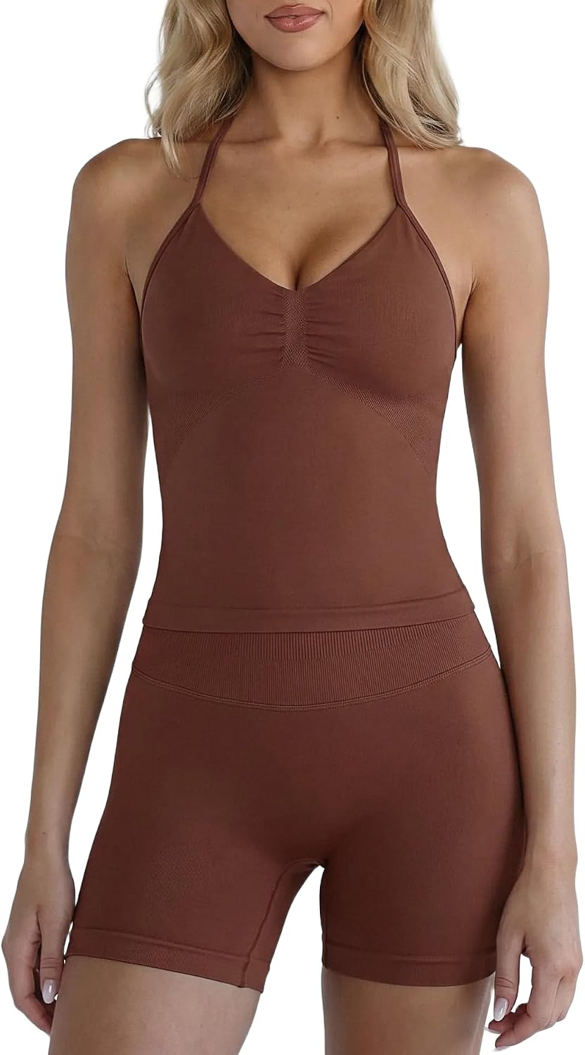 QINSEN Workout Sets for Women 2 Piece Seamless Ribbed Padded Halter Tank Top High Waist Tummy Control Booty Shorts Yoga Outfits