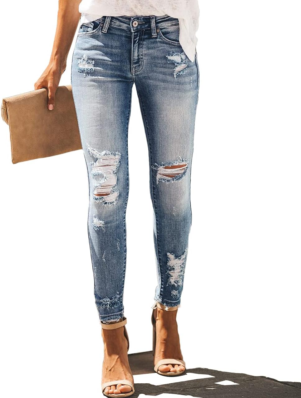Allimy Women’s High Rise Skinny Stretch Ripped Jeans High Waisted Destroyed Denim Pants