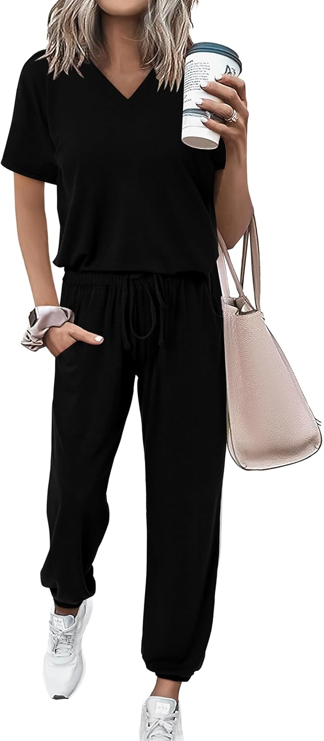 MASCOMODA Womens 2 Piece Outfits Summer Casual V Neck Short Sleeve Tops Long Pants Tracksuit Lounge Jogger Set with Pockets