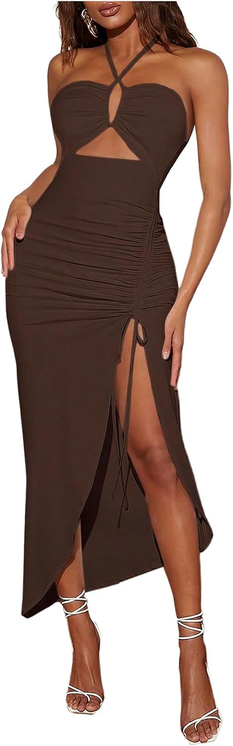 SOLY HUX Women’s Cut Out Ruched Halter Dress High Split Drawstring Bodycon Maxi Vacation Dresses