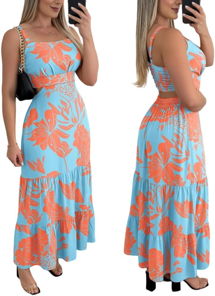 CHICME Summer Dresses for Women 2026 Sleeveless Casual Boho Maxi Dress Square Neck Cut Out Floral A Line Dress