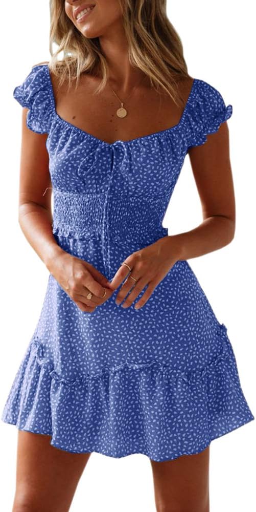 YOBECHO Womens Summer Ruffle Sleeve Sweetheart Neckline Printing Dress Mini Dresses
