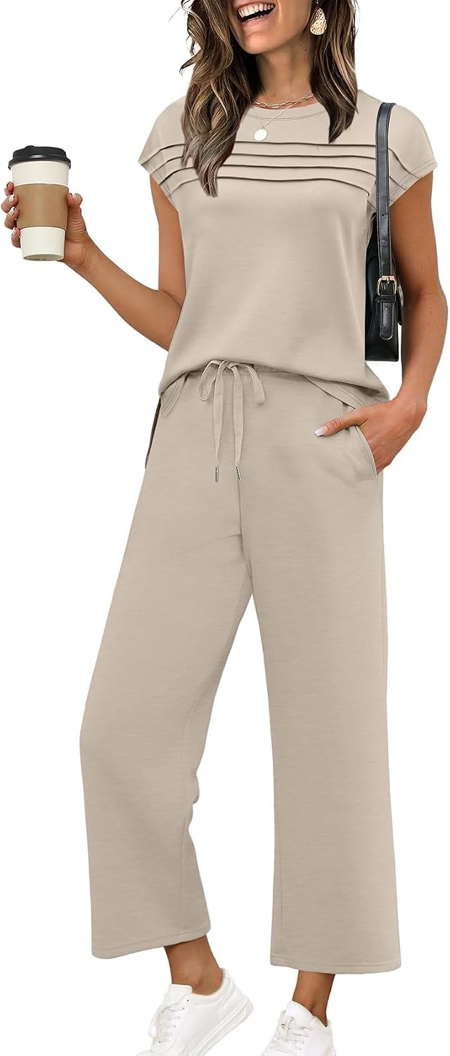 WIHOLL Two Piece Sets for Women Summer Spring Travel Vacation Outfits Cap Sleeve Lounge Matching Sets Wide Leg Pants S-3XL
