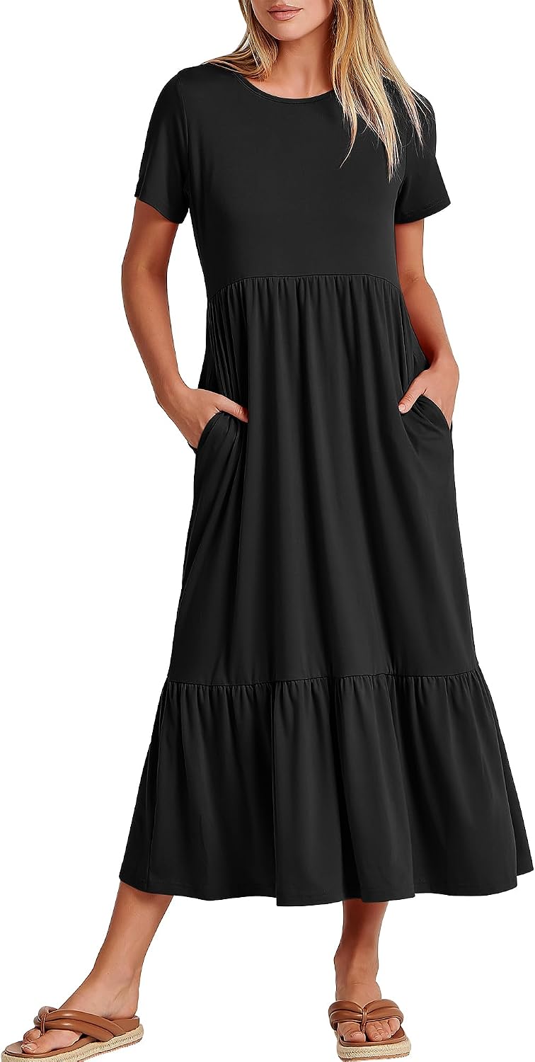 ANRABESS Womens 2026 Summer Casual Maxi Dress A line Tiered Flowy Short Sleeve Crewneck T Shirt Beach Travel Long Dresses