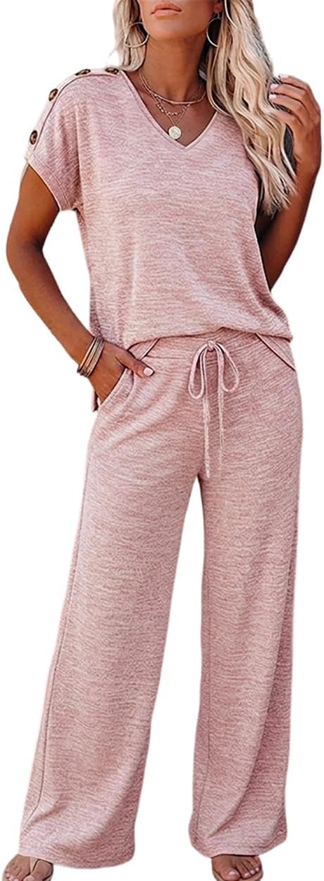 CHICME Women’s Two Piece Lounge Set V-Neck Short Sleeve Top and Wide-Leg Pants Outfits for Home Travel Casual