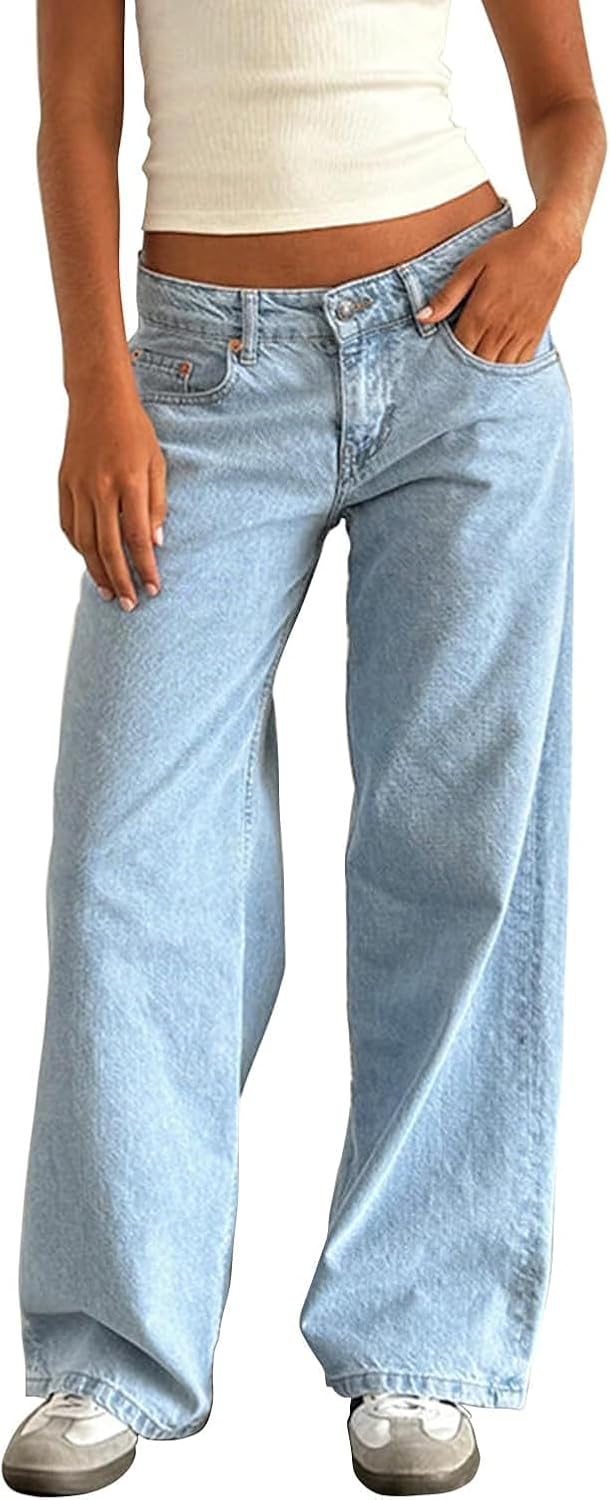 Women’s Y2k Low Rise Baggy Jeans Washed Straight Wide Leg Denim Pants Casual Loose Vintage Fit Boyfriend Jean Denim Pants
