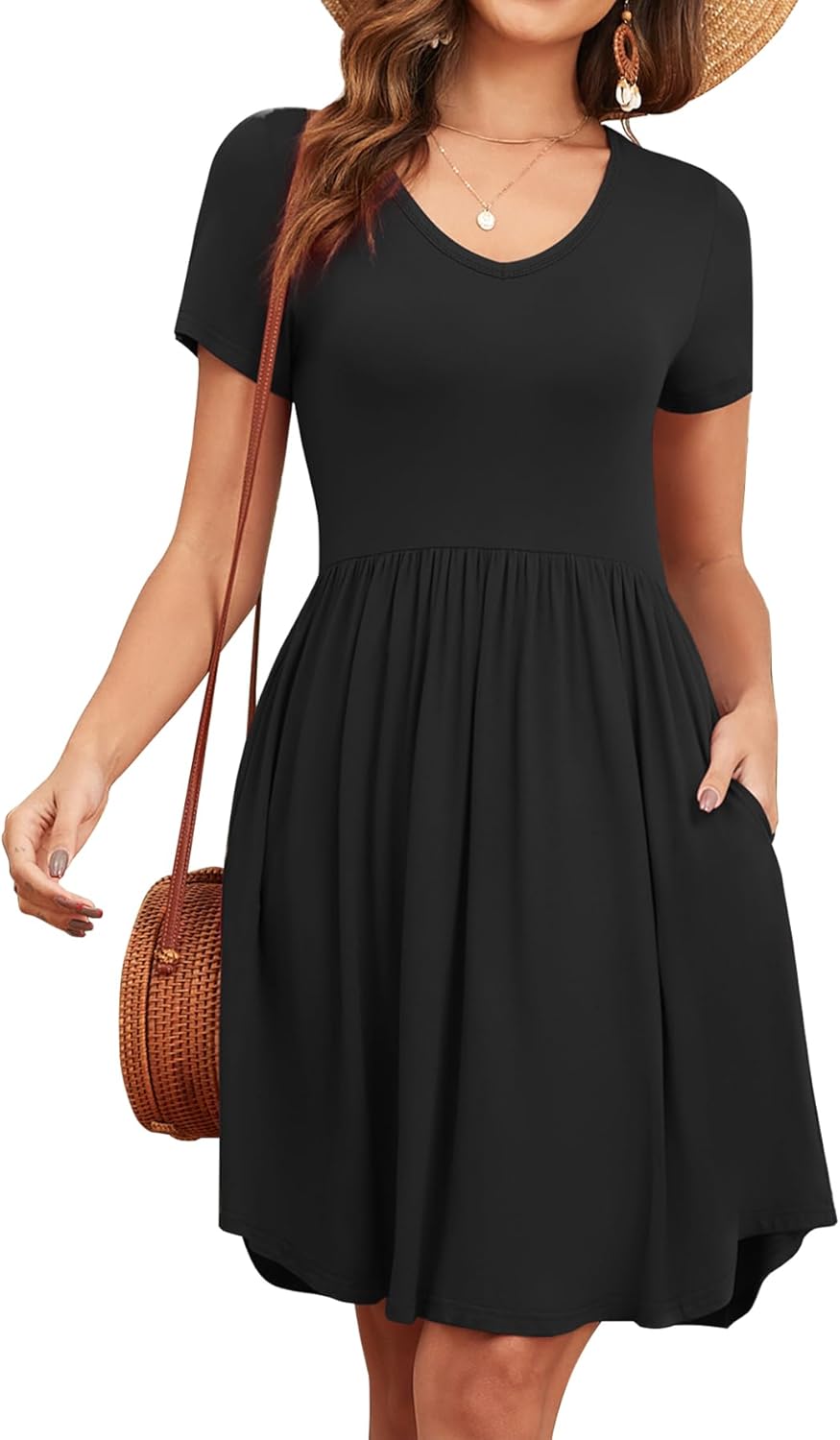 Women’s 2026 Summer Short Sleeve Dresses Casual Loose Fit Swing T Shirt Dress V Neck Sundress with Pockets
