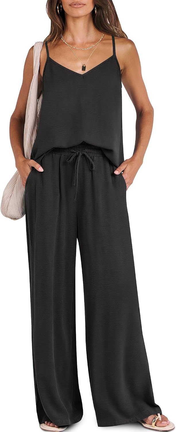 Caracilia 2 Piece Sets for Women Summer, Casual Tank & Wide Leg Pants Lounge Set, Comfy Beach & Travel Outfits 2026 Trendy