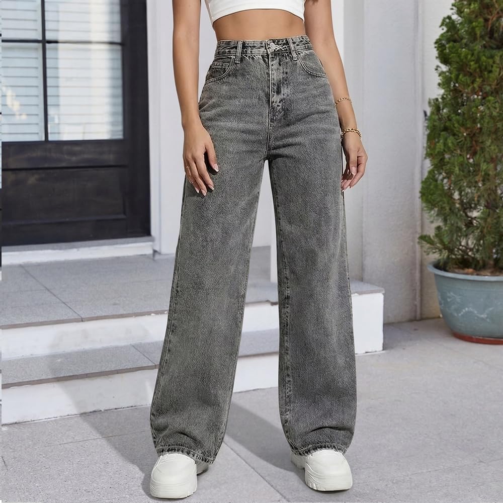 High Waist Wide Leg Jeans for Women, Baggy Cargo Pants, Loose Casual Trousers Grey