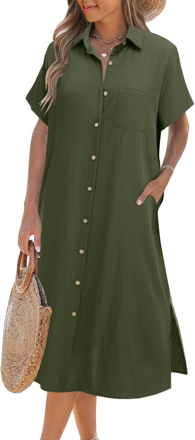 Zeagoo Women Dresses Summer Casual Short Sleeve Button Down Shirt Dresses 2026 Beach Cover Up with Pockets