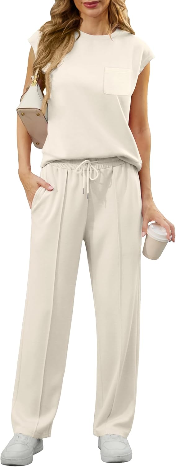 GRECERELLE 2 Piece Sets For Women Summer 2026 Outfits Lounge Sets Sleeveless Sweatsuits Wide Leg Tracksuits With Pockets