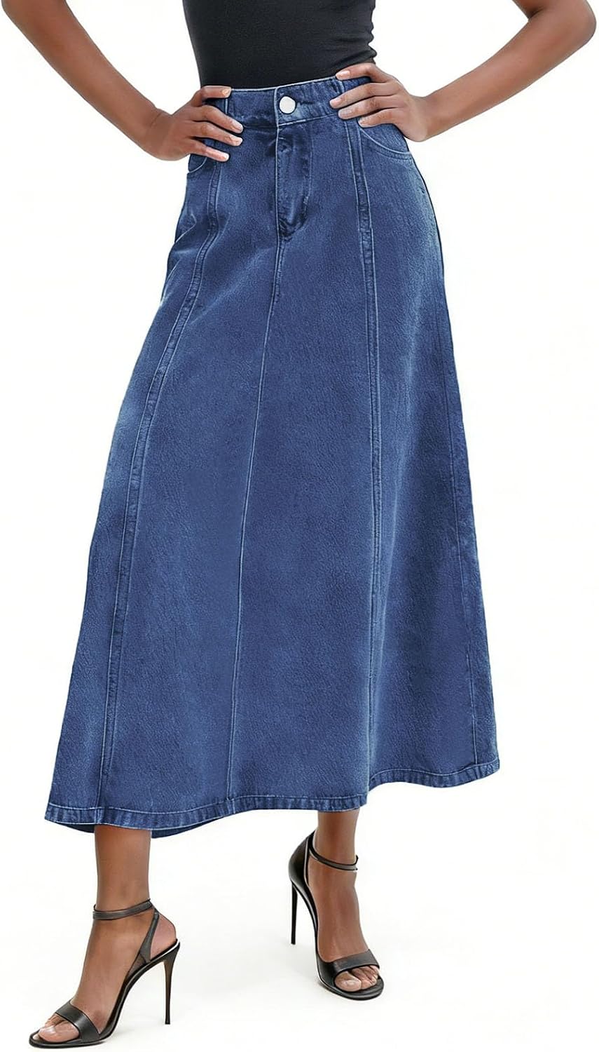 utcoco Women’s Stretch High Waisted Denim Skirt Flowy A-Line Jean Maxi Skirt with Pockets