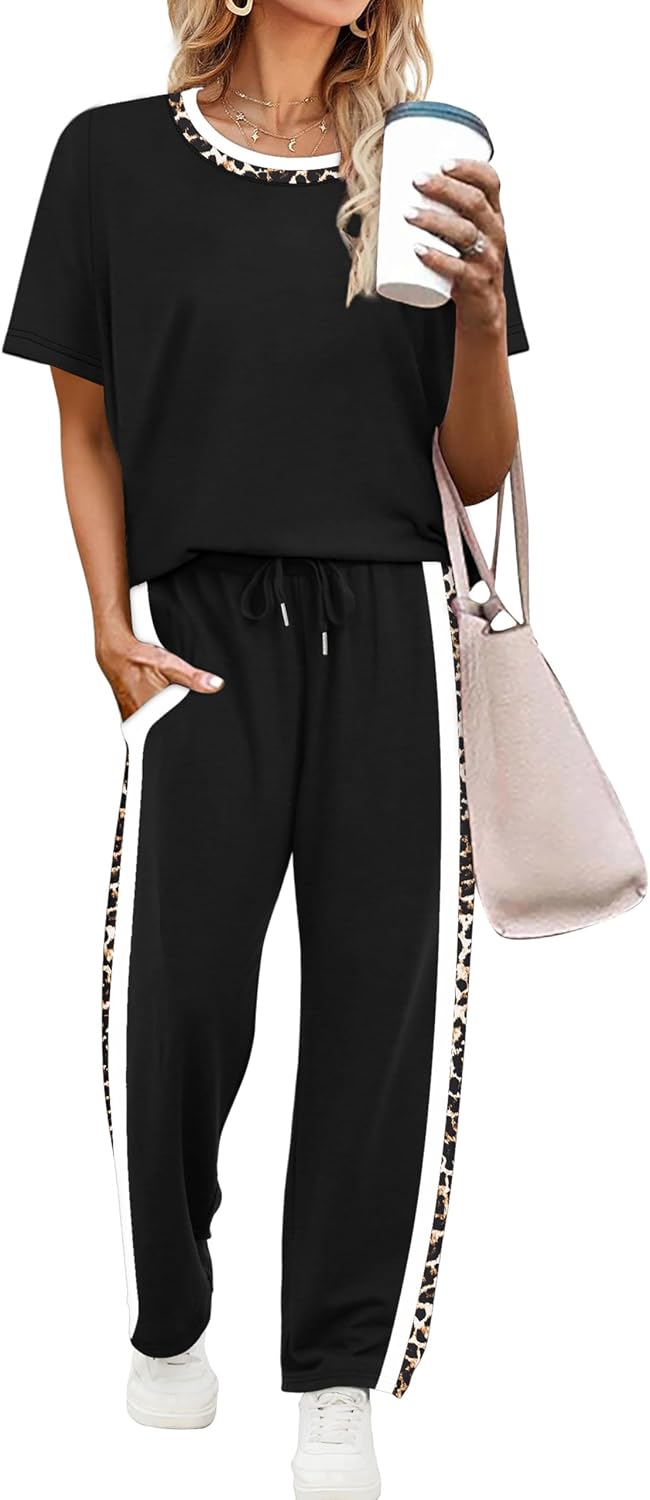 WIHOLL 2 Piece Lounge Sets for Women Matching Set Summer Outfits Short Sleeve Tops Wide Leg Pants with Pockets